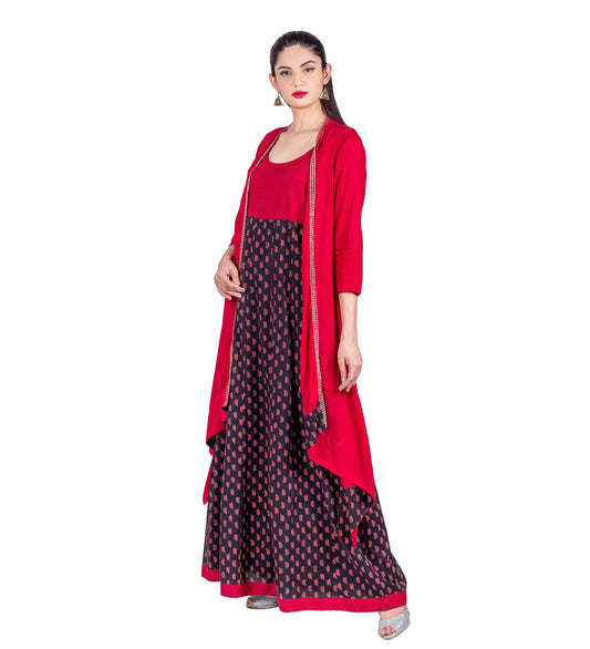 Red / Black Hand Block Printed Jacket Style Indo Western Dress with Pintuck Embroidery