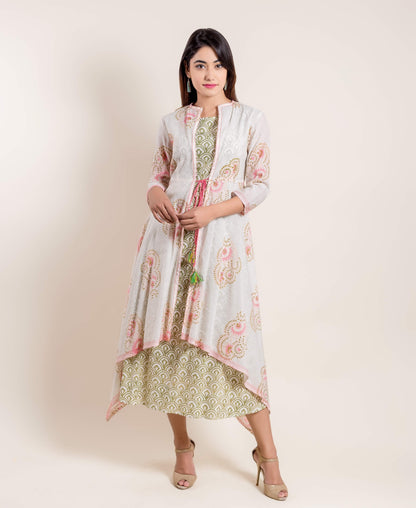 Fern Green Hand Block Printed Indo Western Dress With Detachable Chanderi Jacket