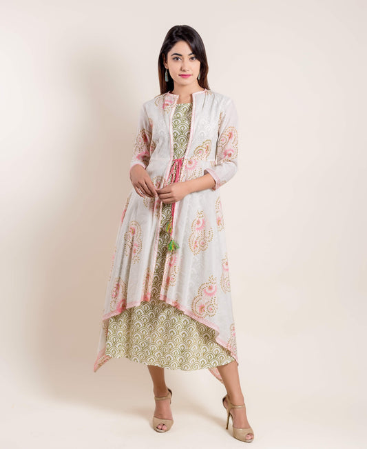 Fern Green Hand Block Printed Indo Western Dress With Detachable Chanderi Jacket