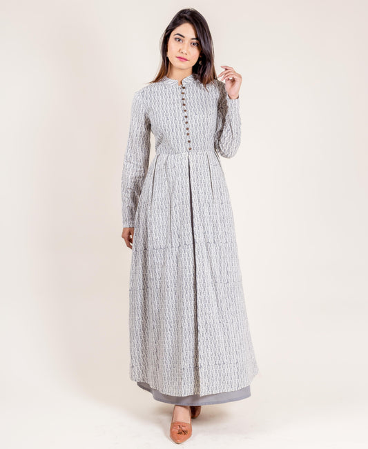 Grey Printed Cotton Layered Long Dress