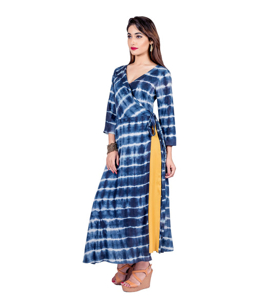 Indigo Tie and Dye Side Knot Wrap Dress