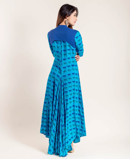 Blue Hand Block Print Indo Western Gown With Cowl Hemline