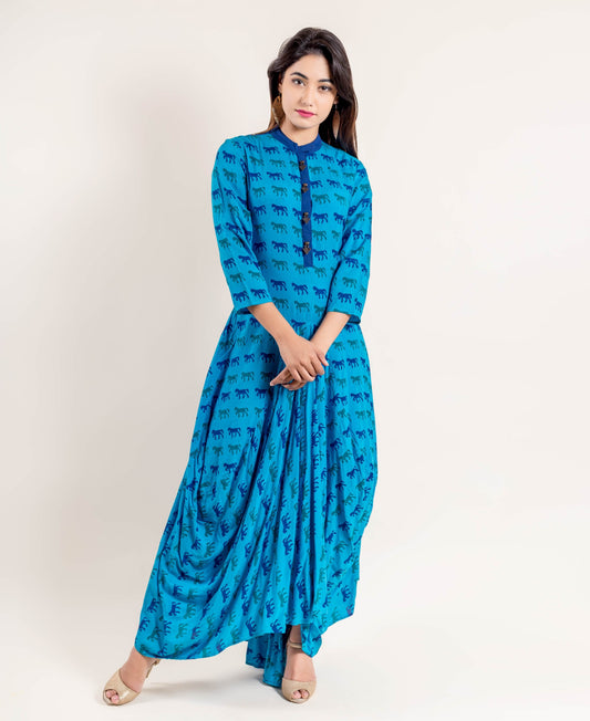 Blue Hand Block Print Indo Western Gown With Cowl Hemline