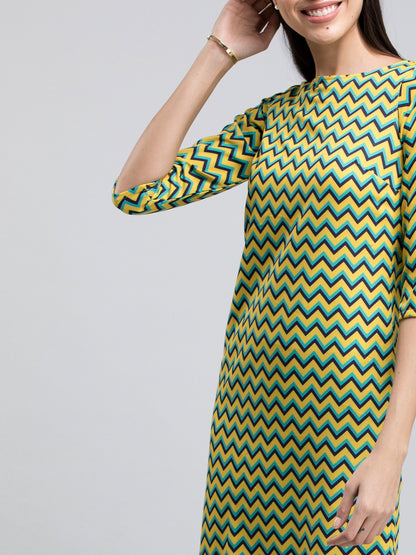 Boat Neck Chevron Shift Dress - Yellow and Blue