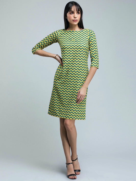 Boat Neck Chevron Shift Dress - Yellow and Blue