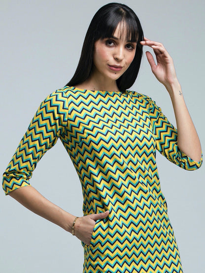 Boat Neck Chevron Shift Dress - Yellow and Blue