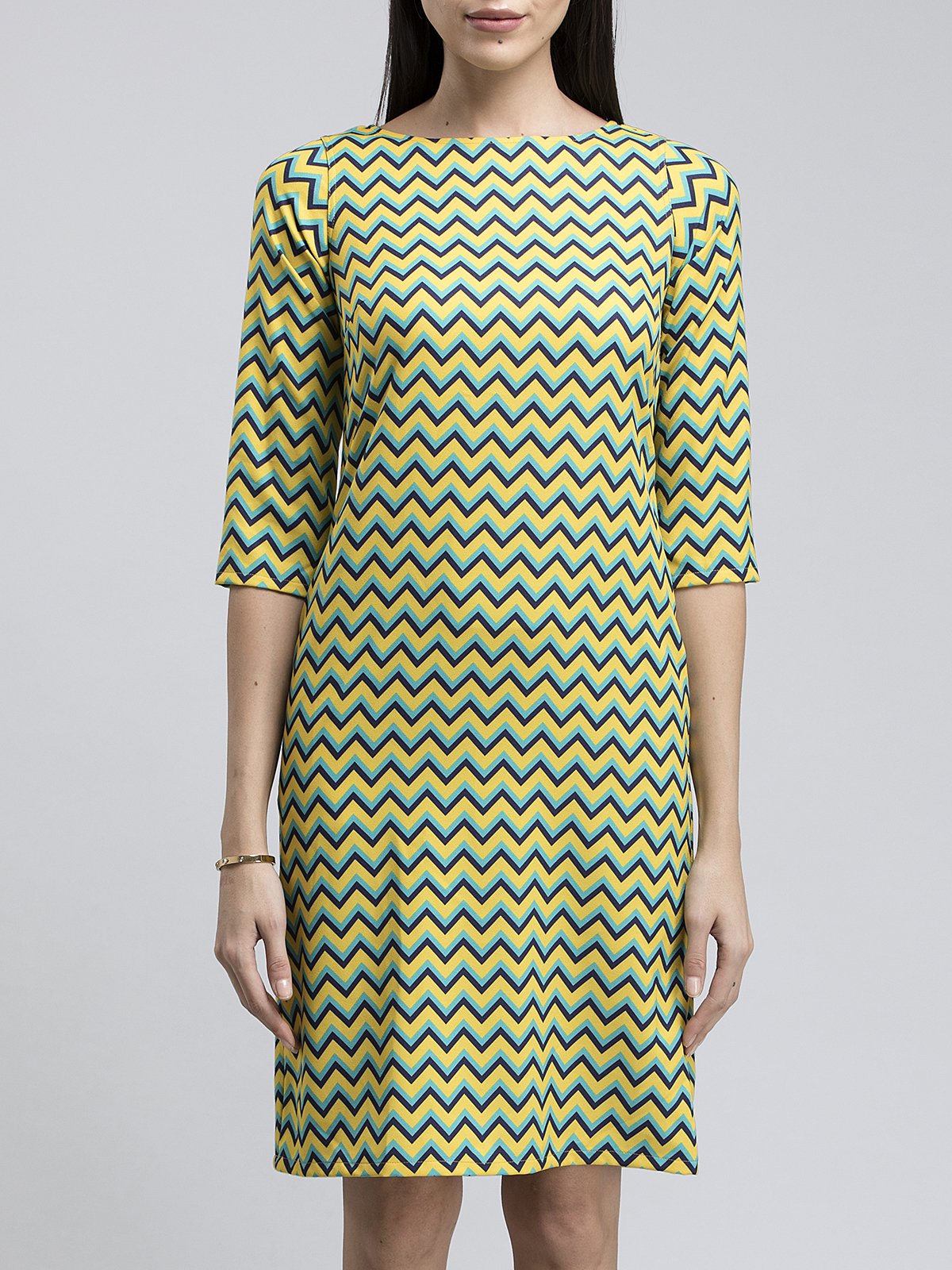 Boat Neck Chevron Shift Dress - Yellow and Blue