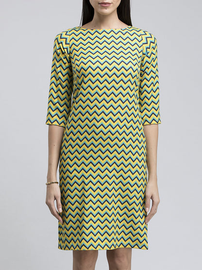 Boat Neck Chevron Shift Dress - Yellow and Blue
