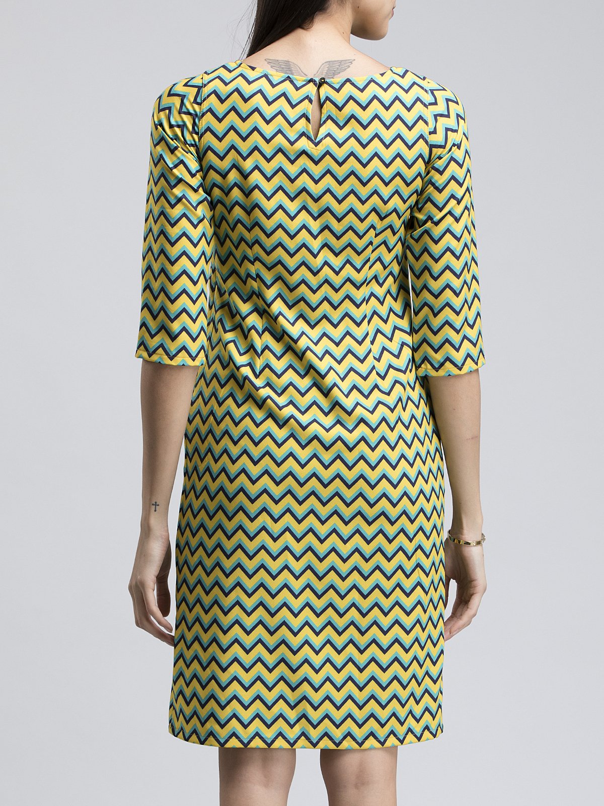 Boat Neck Chevron Shift Dress - Yellow and Blue