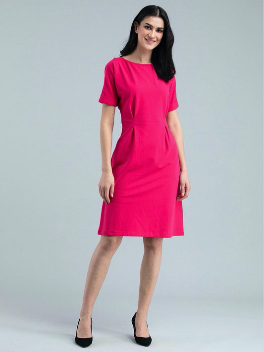 Boat Neck Drop Shoulder Knitted Fit & Flare Dress - Pink