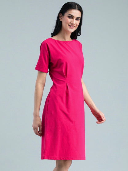 Boat Neck Drop Shoulder Knitted Fit & Flare Dress - Pink
