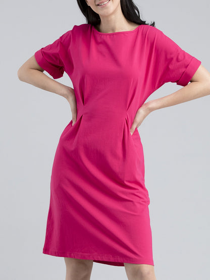 Boat Neck Drop Shoulder Knitted Fit & Flare Dress - Pink