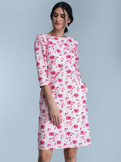 Boat Neck Floral Shift Dress - Pink