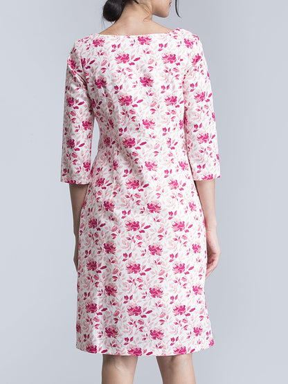 Boat Neck Floral Shift Dress - Pink