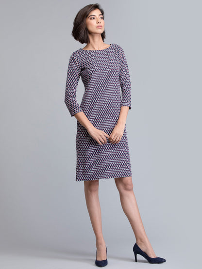 Boat Neck Geometric Print Shift Dress - Blue
