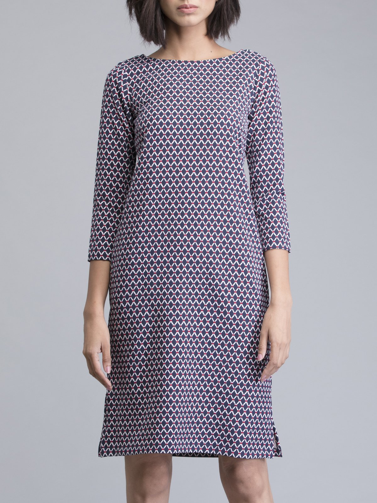 Boat Neck Geometric Print Shift Dress - Blue