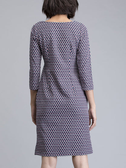 Boat Neck Geometric Print Shift Dress - Blue