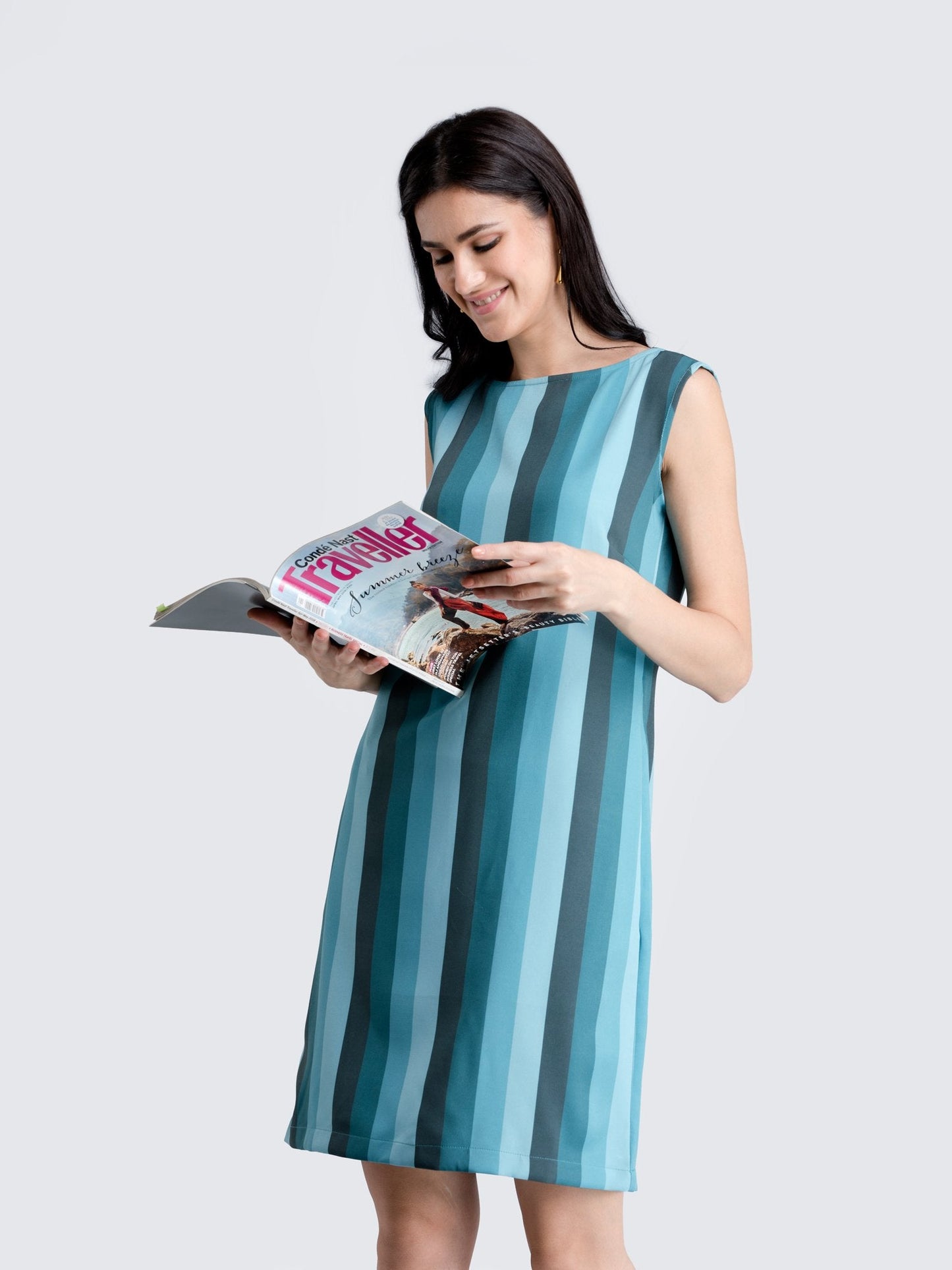 Boat Neck Striped Shift Dress - Teal