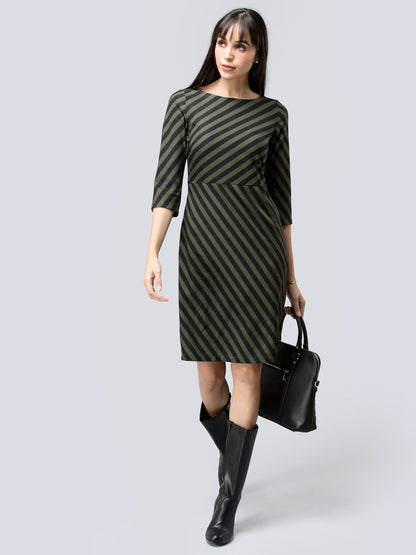 Boat Neck Striped Shift Dress - Black and Olive
