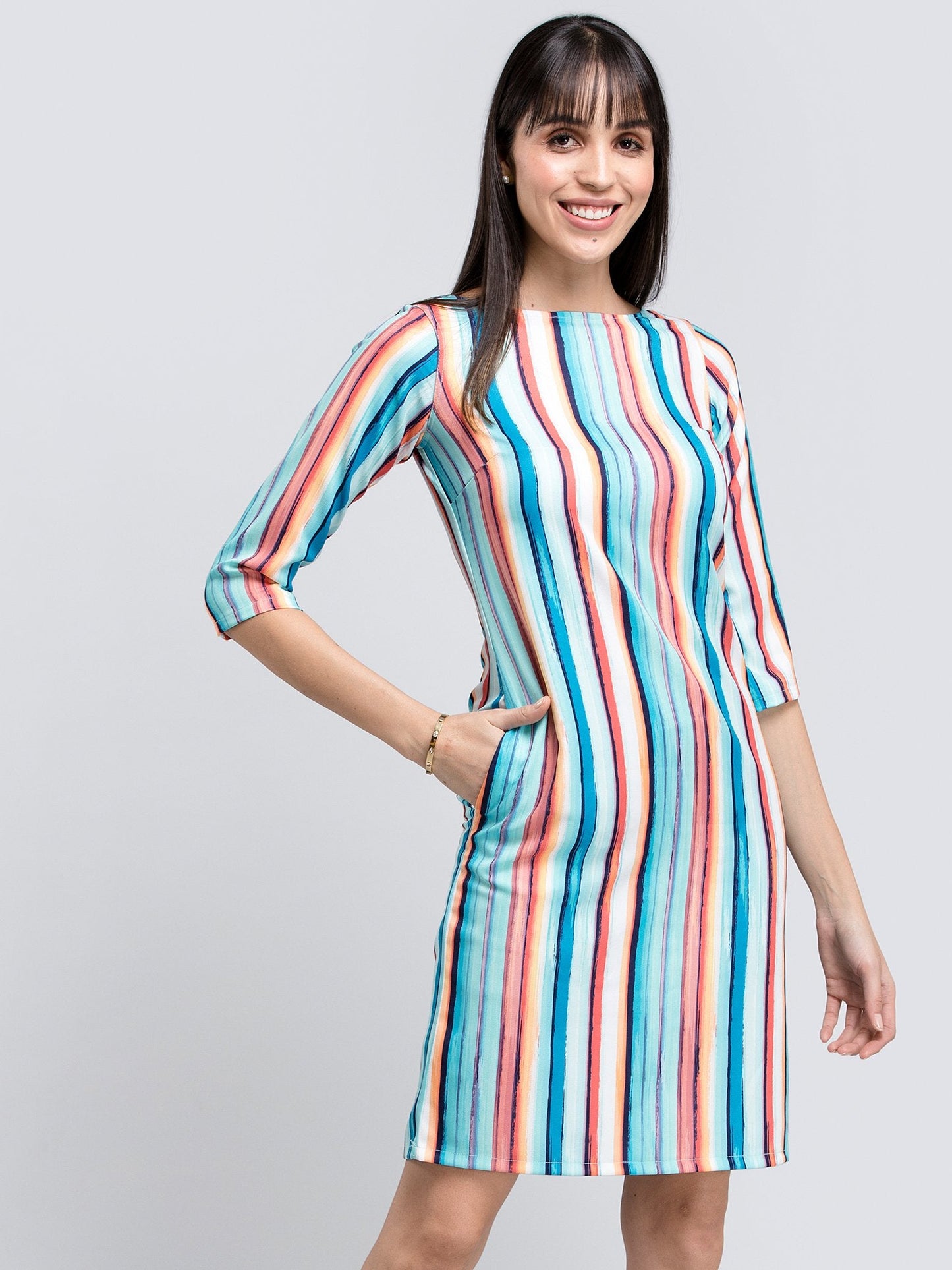 Boat Neck Striped Shift Dress - Multicolour