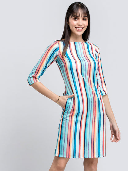Boat Neck Striped Shift Dress - Multicolour