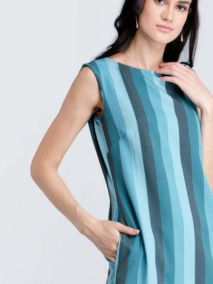 Boat Neck Striped Shift Dress - Teal