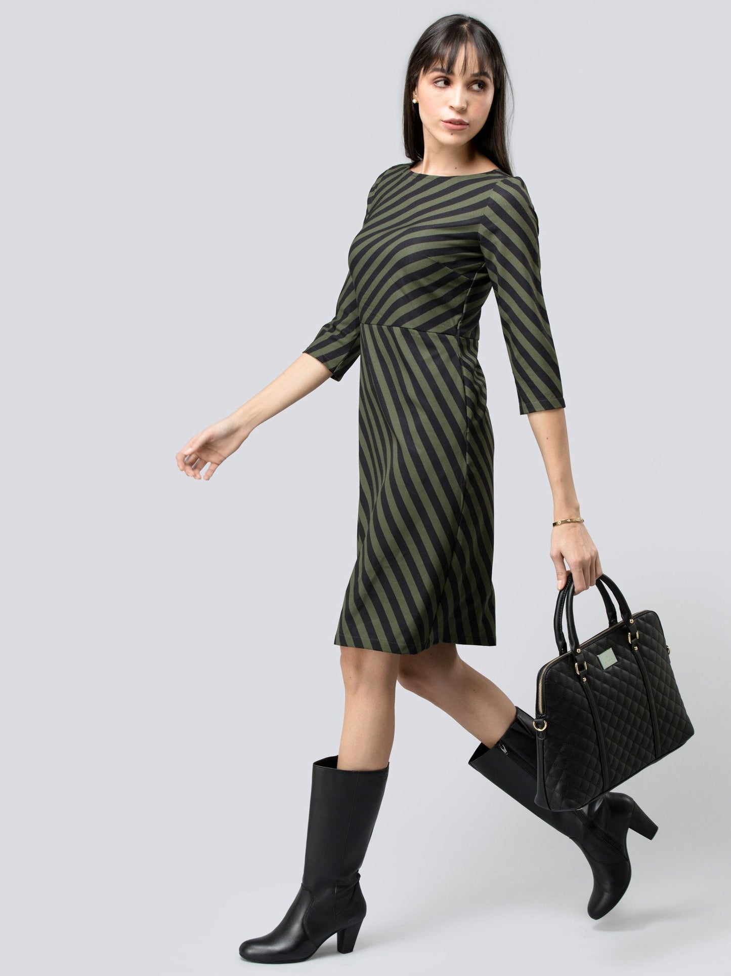 Boat Neck Striped Shift Dress - Black and Olive