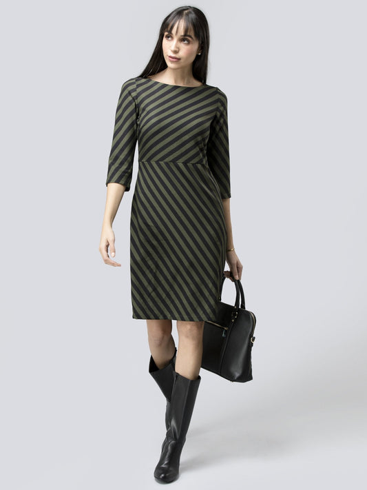 Boat Neck Striped Shift Dress - Black and Olive
