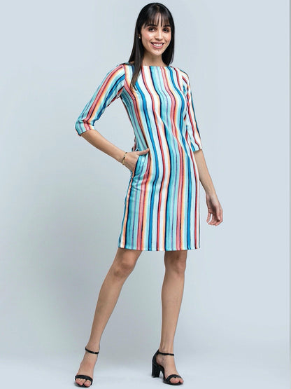Boat Neck Striped Shift Dress - Multicolour