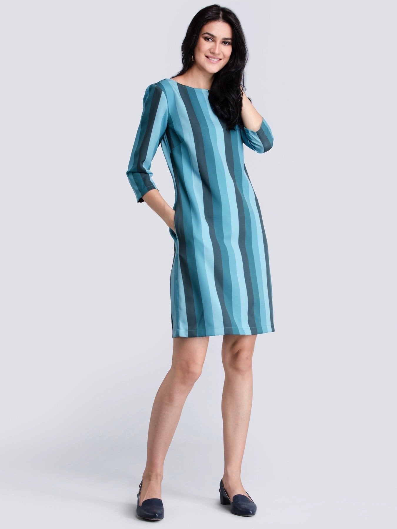 Boat Neck Striped Shift Dress - Teal