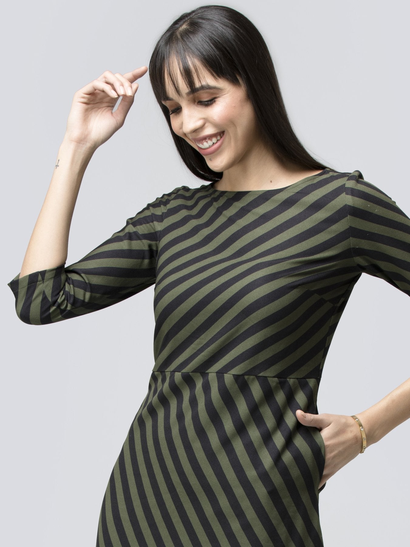 Boat Neck Striped Shift Dress - Black and Olive