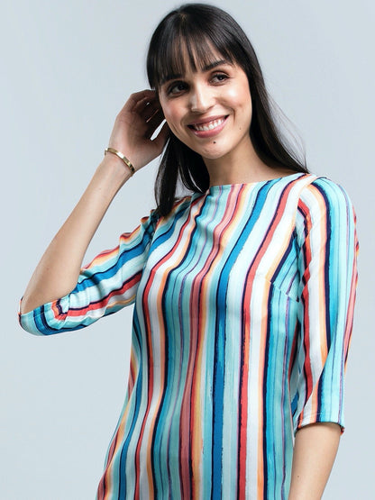Boat Neck Striped Shift Dress - Multicolour