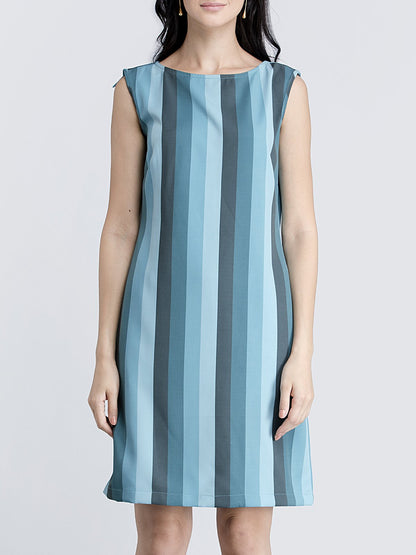 Boat Neck Striped Shift Dress - Teal