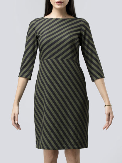 Boat Neck Striped Shift Dress - Black and Olive