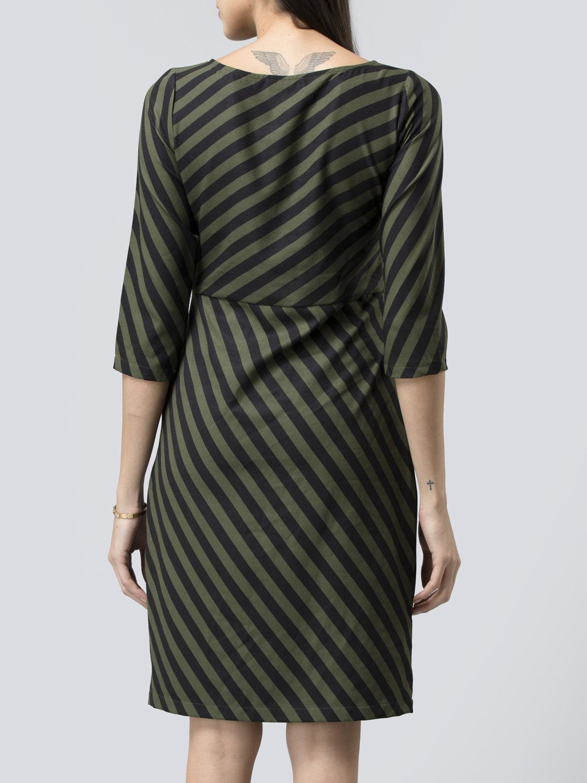 Boat Neck Striped Shift Dress - Black and Olive