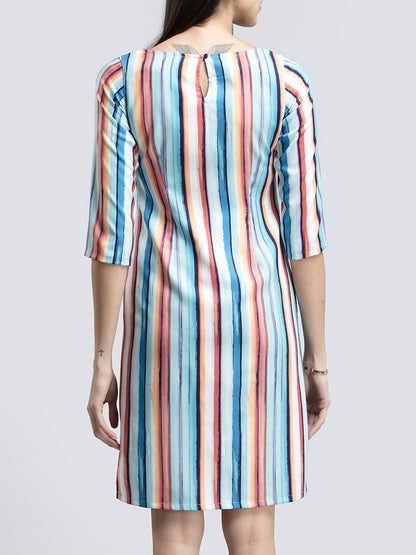 Boat Neck Striped Shift Dress - Multicolour