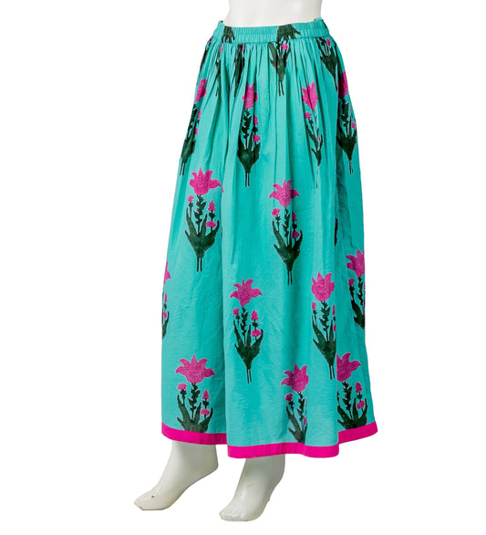 Teal Hand Block Printed Wide Hem Skirt