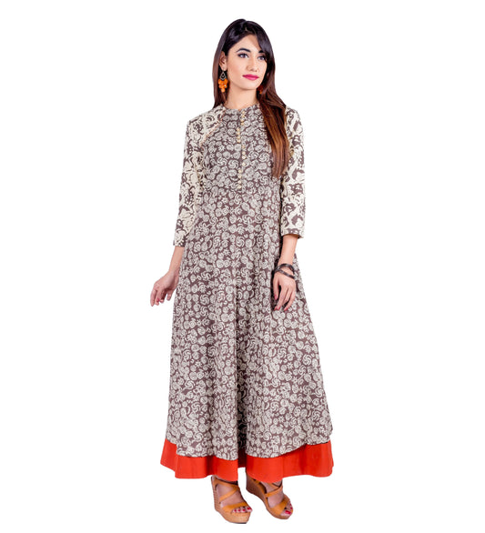 Beige  Hand Block Printed  Dress with Rust Border