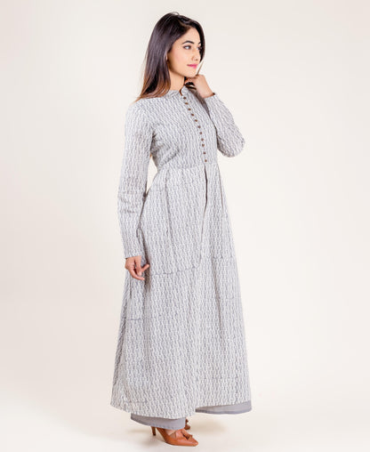 Grey Printed Cotton Layered Long Dress