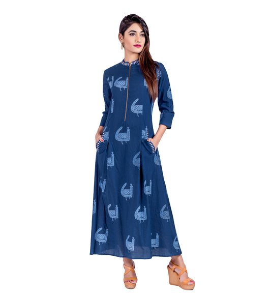 Indigo Embroidered Zipper Dress with Pocket