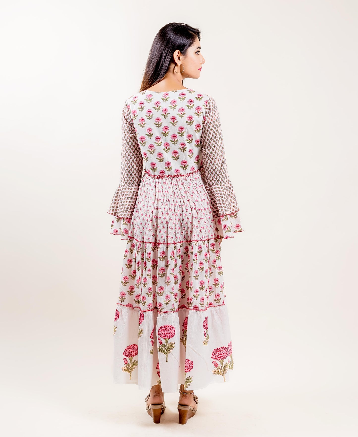 Bell Sleeved Block Print Cotton Tiered Long Dress