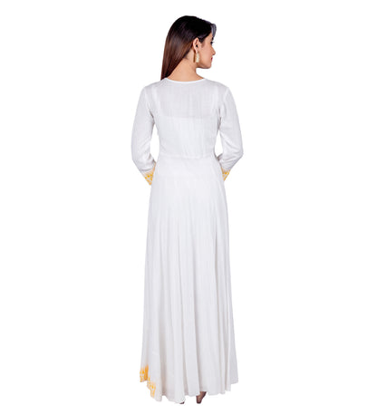 White / Yellow Indo Western Maxi Dress with Front Tassels