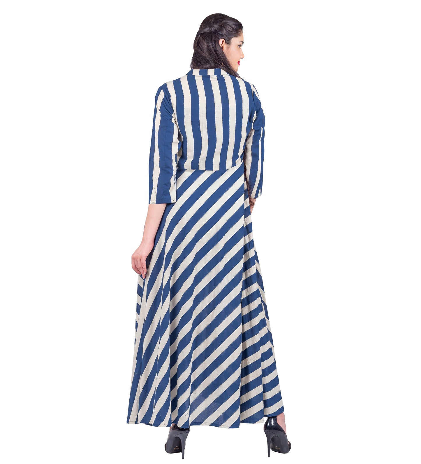 Indigo / White Button Down Striped Mandarin Collar Flared Indo Western Dress