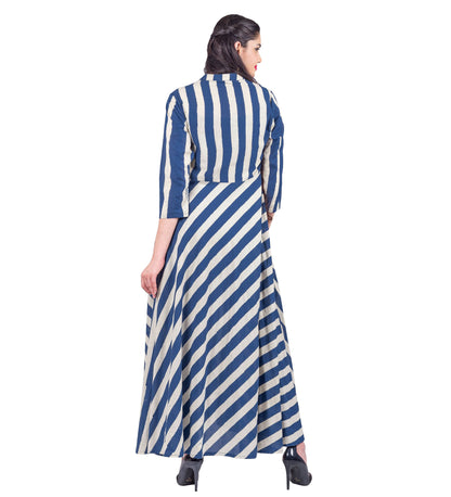 Indigo / White Button Down Striped Mandarin Collar Flared Indo Western Dress