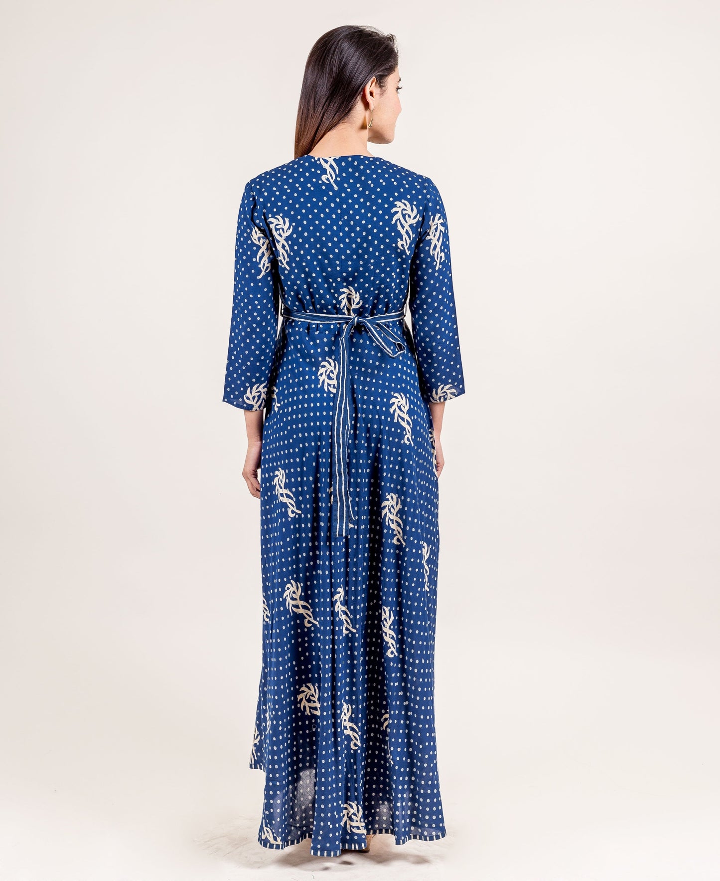 Navy Blue Layered Hand Block Print Indo Western Dress with Waist Belt