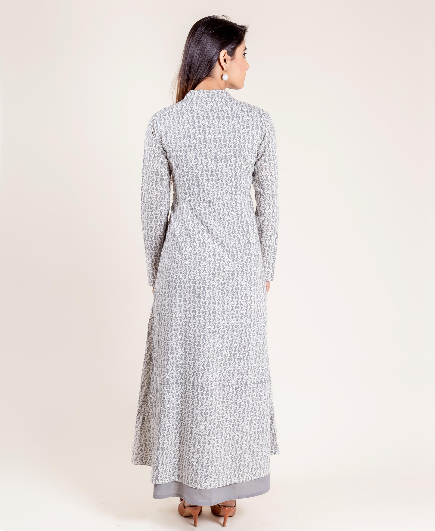 Grey Printed Cotton Layered Long Dress