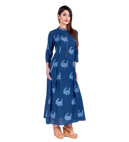 Indigo Embroidered Zipper Dress with Pocket