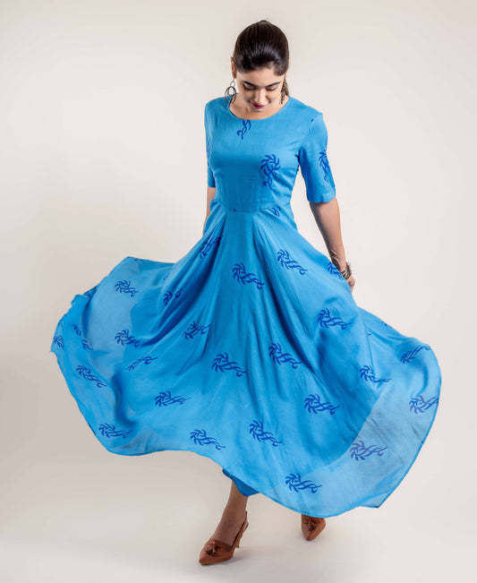 Blue Asymmetrical Block Printed Indo Western Dress