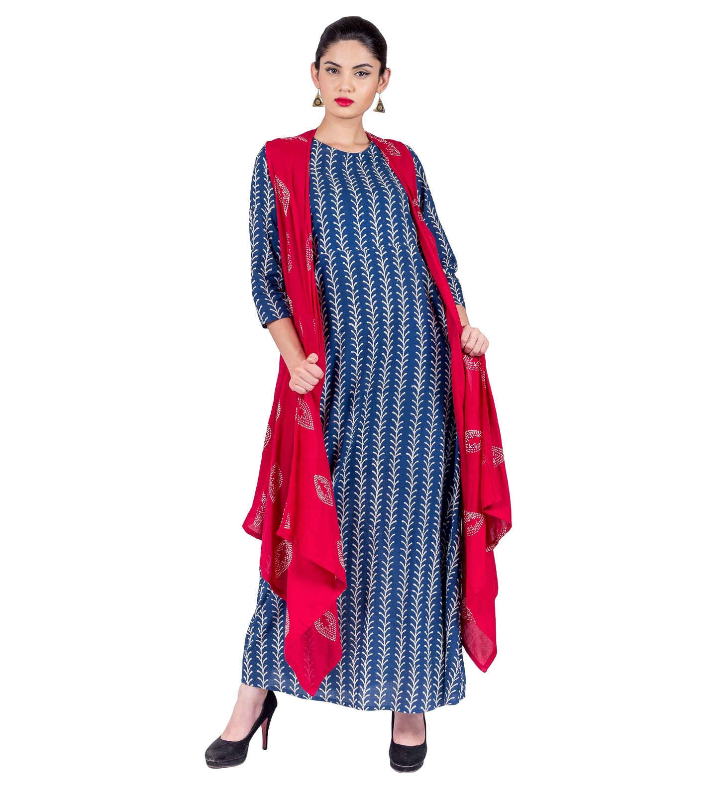 Blue Floral Striped Hand Block Print Gown with Red Shrug