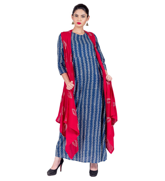Blue Floral Striped Hand Block Print Gown with Red Shrug